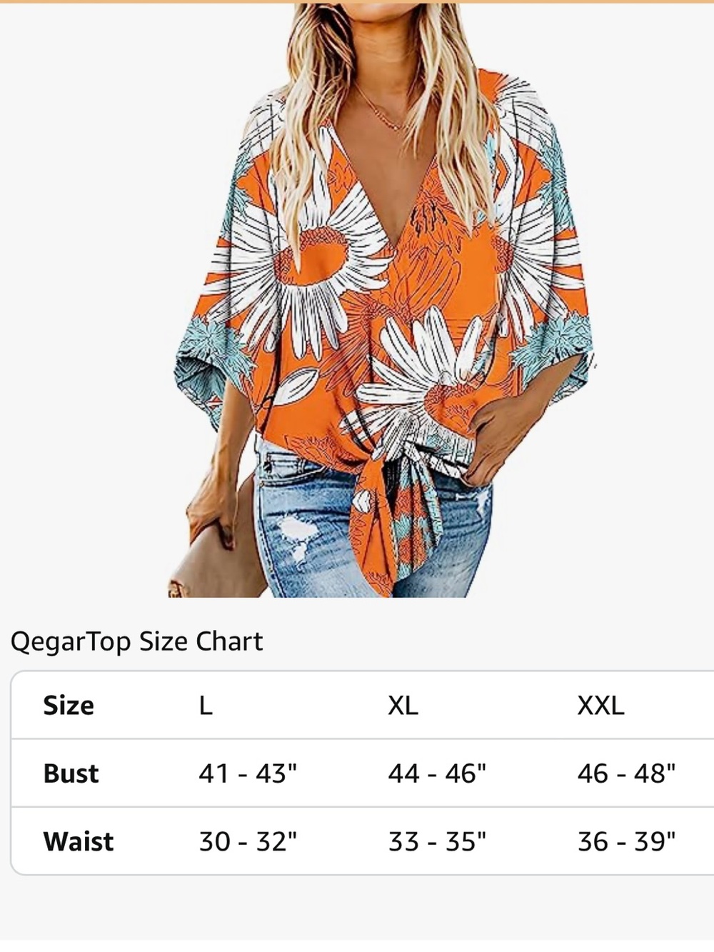 Sunflower Floral Wrap Front Blouse | Orange Boho Tie Waist Top | 3/4 Sleeve - Picture 11 of 11